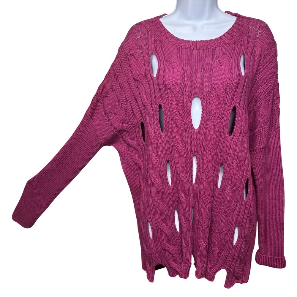 PLANET BY LAUREN G Womens Burgundy Cable Knit Cutout Sweater One Size Boho Artsy